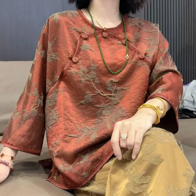 橘红色新中式蜗牛扣气质上衣+裤子套装女秋季中国风复古外出游玩