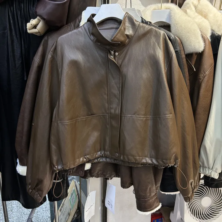秋冬短款宽松休闲网红皮夹克立领加绒时尚皮衣外套女款女皮衣外套