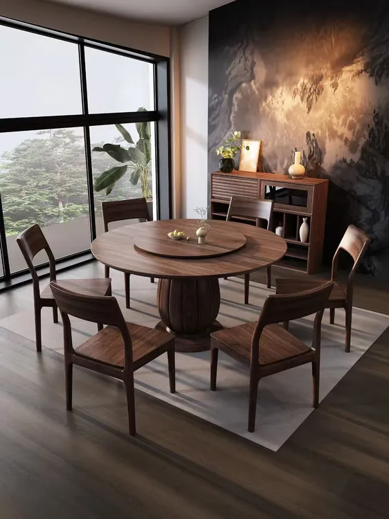 实木圆形餐桌椅黑胡桃高档轻奢饭桌家用现代新中式圆桌带转盘餐桌