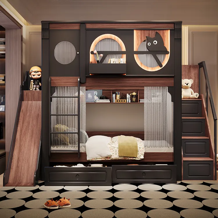 儿童床中古风实木上下床高低床上下铺双人床2025最新款双层子母床
