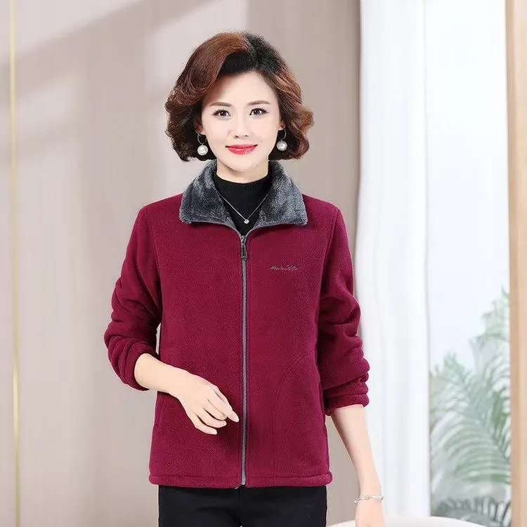 冬季外套加绒加厚立领洋气中老年妈妈装摇粒绒保暖棉衣秋冬装
