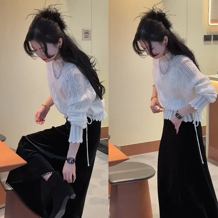 2025年超火秋季穿搭一整套镂空长袖针织上衣高腰半身裙两件套装