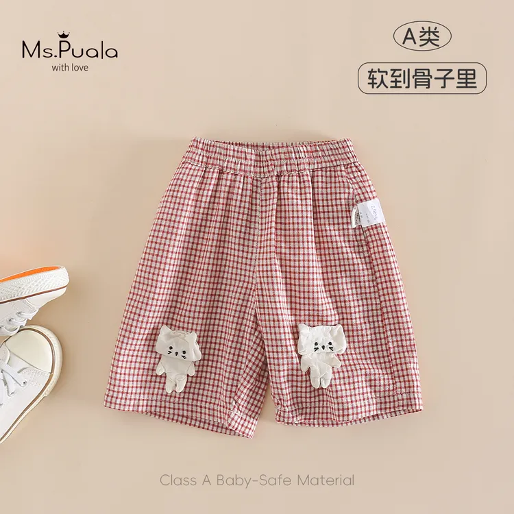 【Ms.Puala小美院生】婴幼童裤子夏季红格卡通贴布婴幼儿六分中短裤