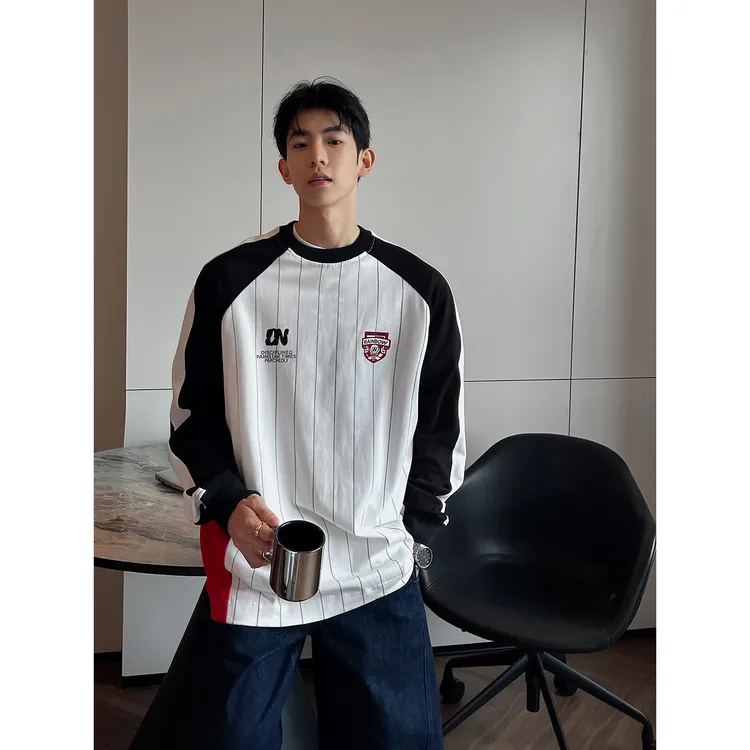 美式高街运动球衣男女秋潮牌条纹拼接情侣卫衣宽松插肩袖圆领上衣