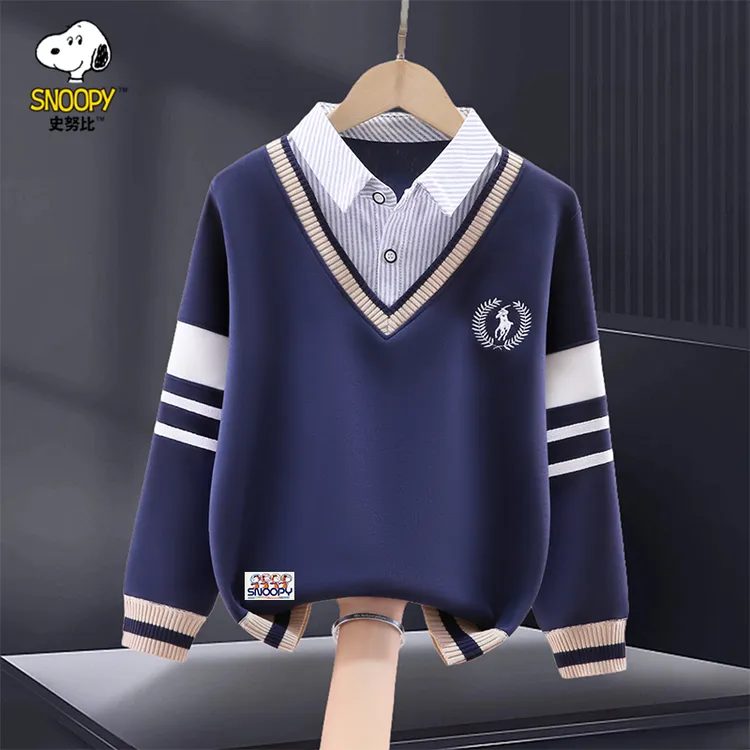 Snoopy/史努比男童卫衣假两件秋冬装中大童加绒加厚衬衫领学院风