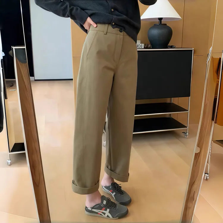 卡其色窄版阔腿裤女2025秋季新款梨型身材宽松显瘦休闲直筒九分裤