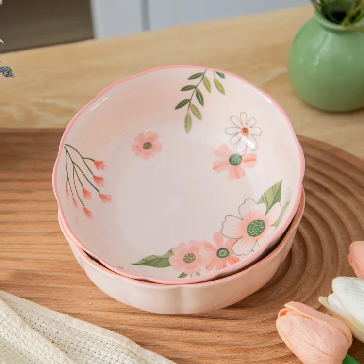 家用陶瓷餐具美二烧釉下彩珊瑚海6英寸双耳南瓜碗面碗沙拉碗(2个)