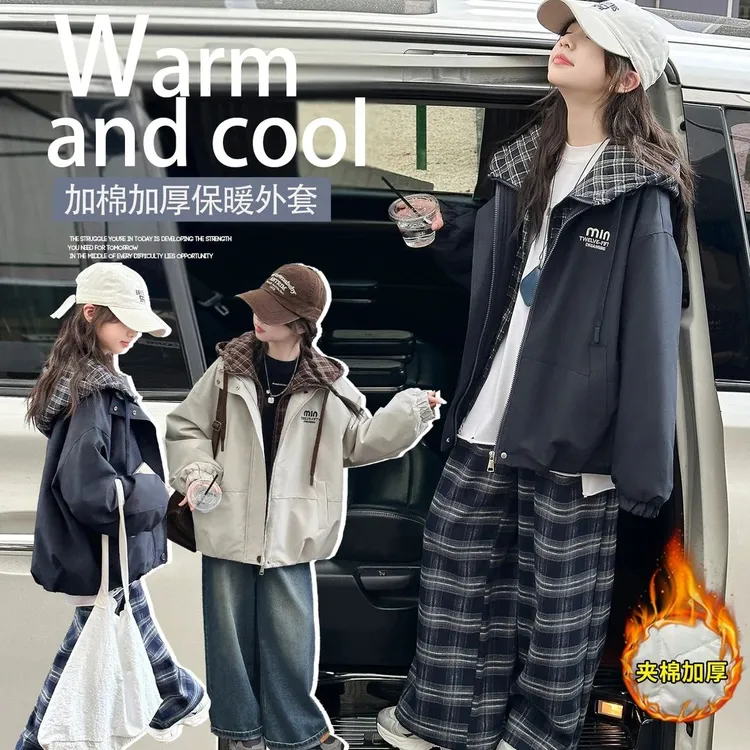 女童秋冬新款韩系字母格子连帽外套中大童女孩洋气假两件百搭上衣