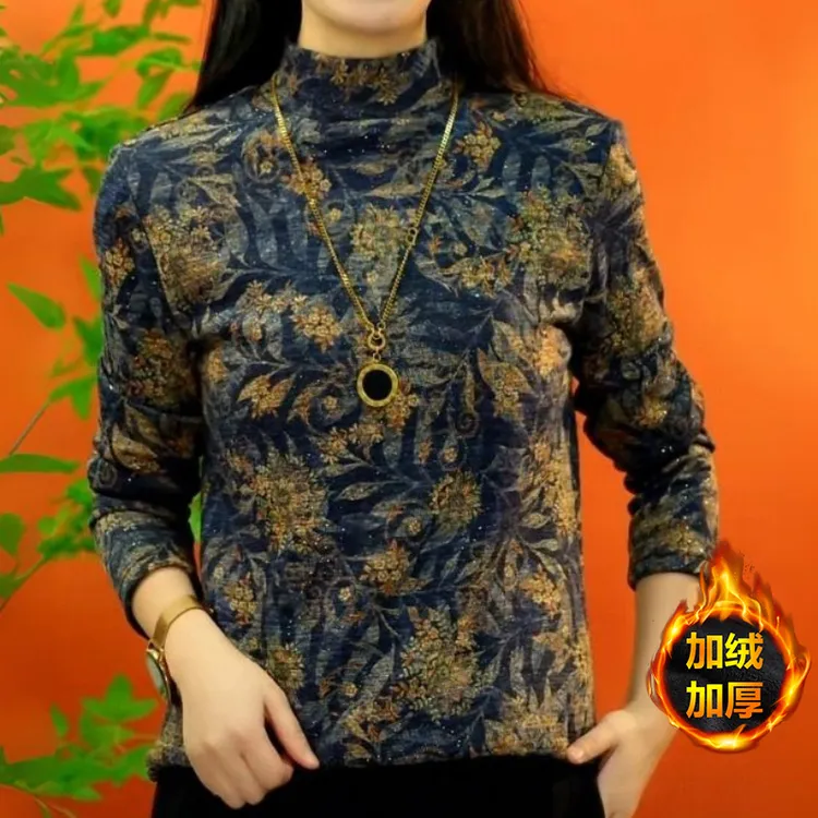 洋气减龄印花保暖加绒打底衫冬季新款宽松遮肚显瘦半高领内搭t恤