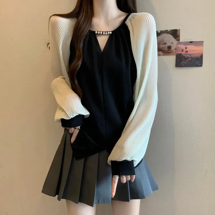 大码女装遮肚子小香风正肩雪纺衬衫春秋胖妹妹显瘦长袖打底衫上衣商品图