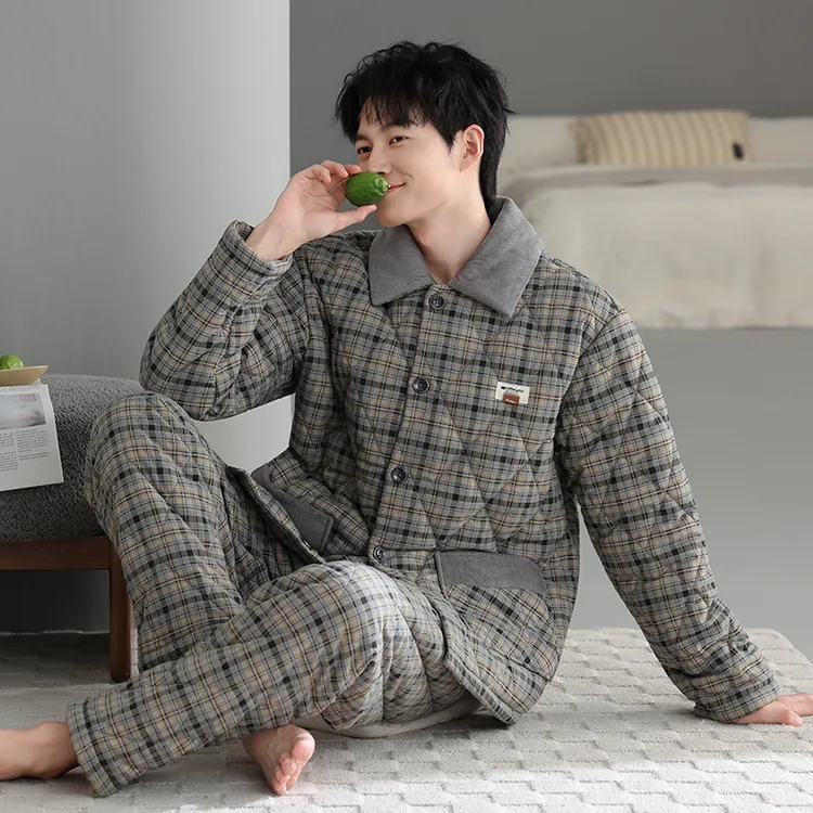 睡衣男士冬季三层加厚加绒梭织纯棉夹棉秋冬款珊瑚绒高级感家居服