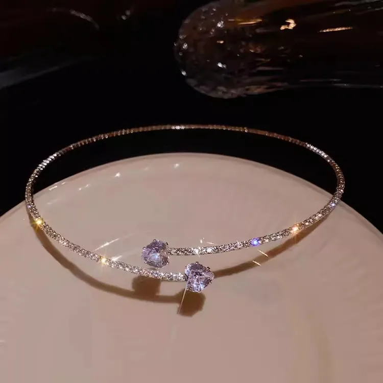 合金锆石项链 [浠儿家】超闪爱心锁骨链女轻奢小众choker开口项圈