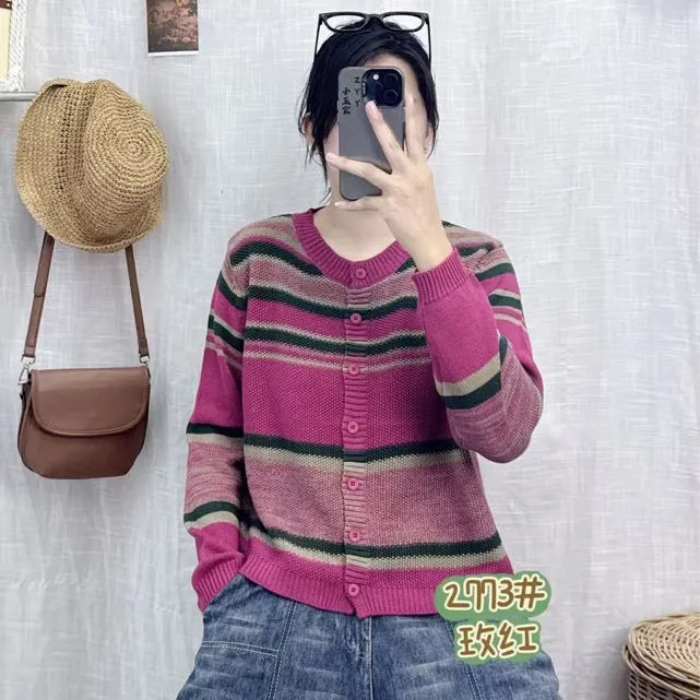 秋冬上衣宽松型针织圆领毛针织衫拼色韩版条纹针织衫