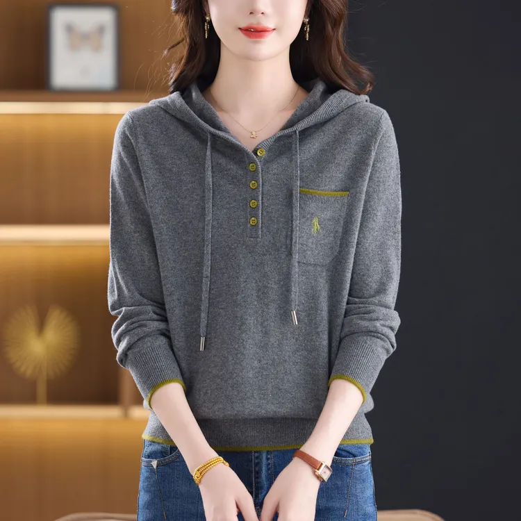100%羊毛卫衣女连帽休闲针织衫上衣宽松显瘦遮肚子毛衣长袖打底衫