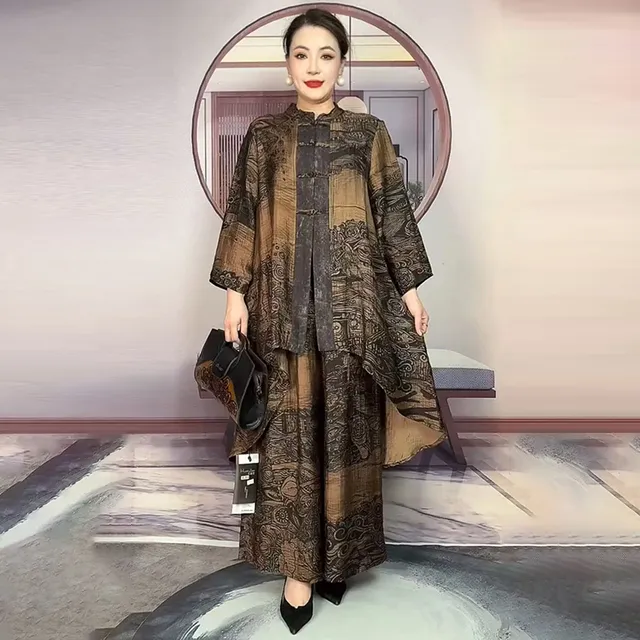 新中式民族风妈妈套装2025春秋款宽松不规则复古气质衬衣+阔腿裤