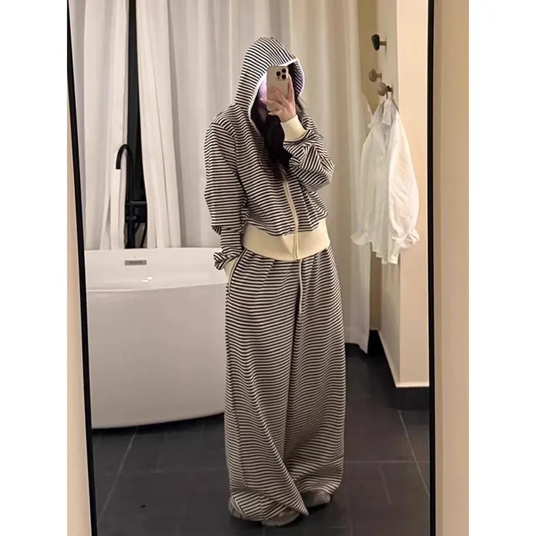 大码300斤慵懒风条纹连帽卫衣套装女春秋季胖mm宽松阔腿裤两件套2