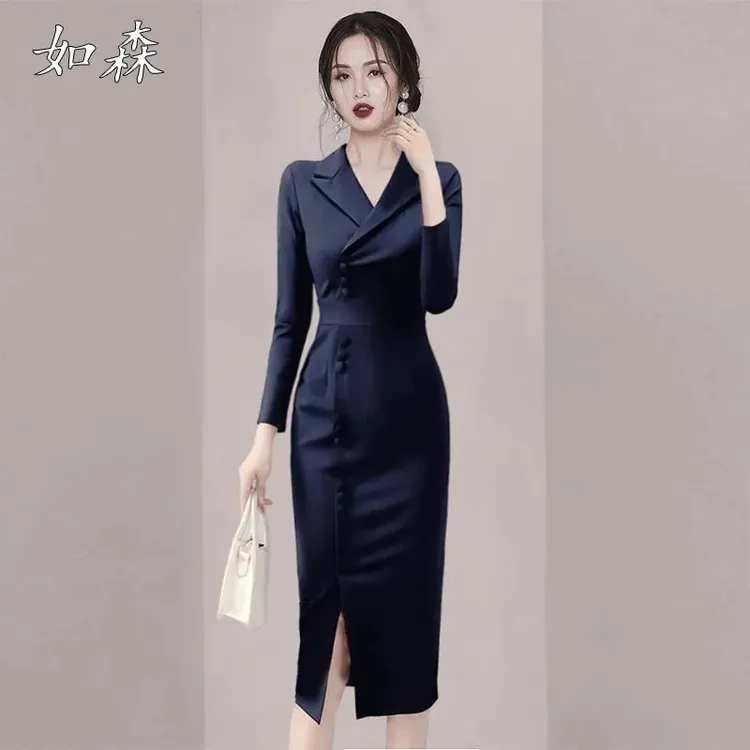 女神范时尚气质职业包臀裙2025春秋新款女显瘦西装开叉连衣裙洋气