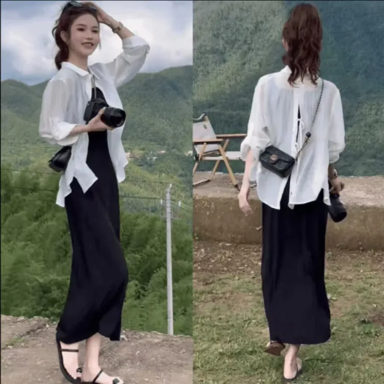 一整套夏季穿搭长裙2025新款气质百搭法式黑色吊带连衣裙女套装裙