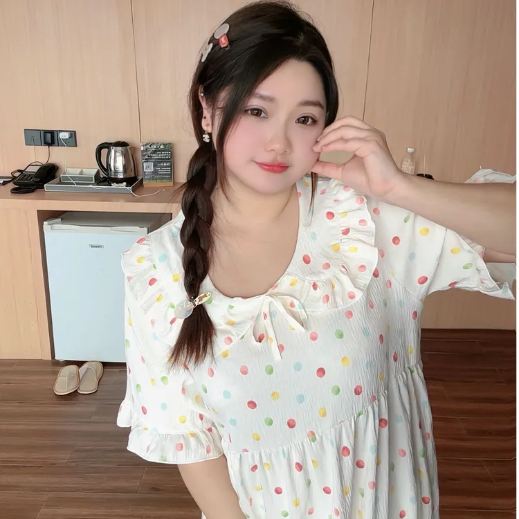 大码夏季波点娃娃领睡裙短袖女甜美睡裙设计感时尚泡泡袖居家