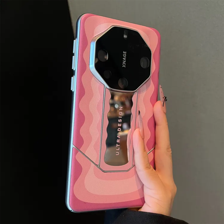 适用华为mate70pro+手机壳波浪纹素皮补妆镜子轻奢防摔个性保护套