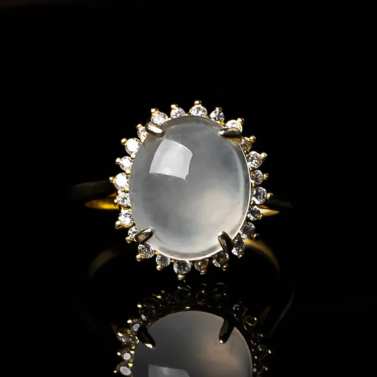 缅甸天然A货翡翠蛋面925银镶嵌戒指可调节圈口女款