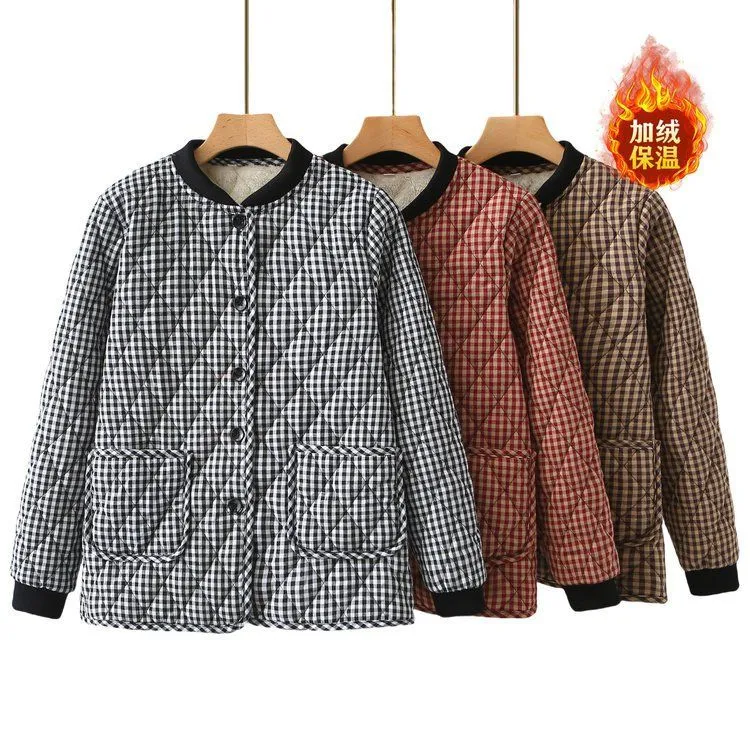中老年棉袄新款秋冬格子加绒外套妈妈洋气加厚保暖棉衣棉服内穿