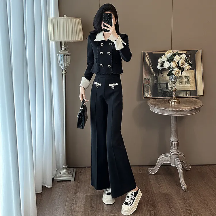 2025新款黑色小香风套装女显瘦减龄高级感休闲运动阔腿裤两件套秋
