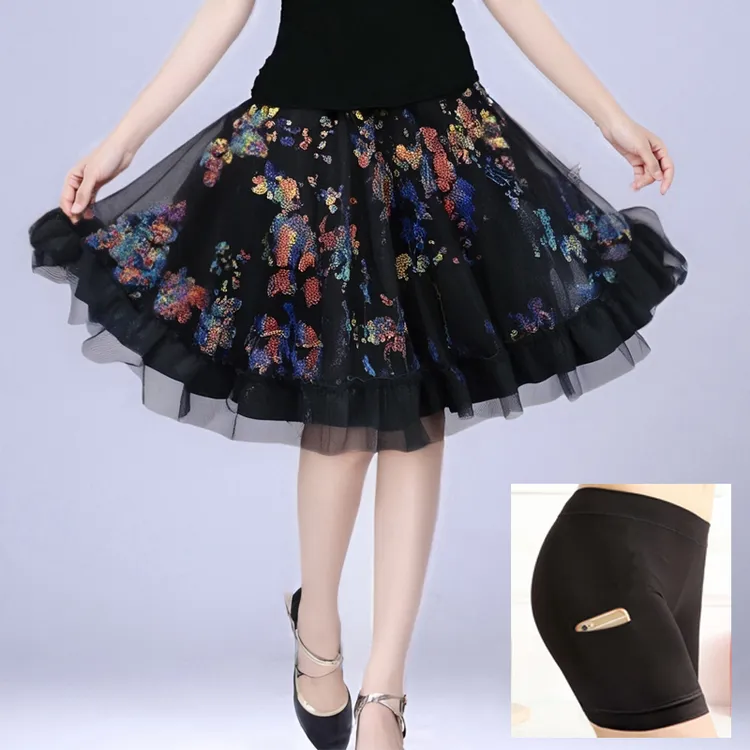 2025新款广场舞裙子半身裙春夏短裙网纱裙显瘦亮片大摆裙黑色舞裙