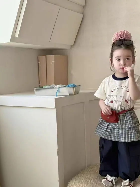 品牌夏款短袖套装夏季新款百搭格子小童女童