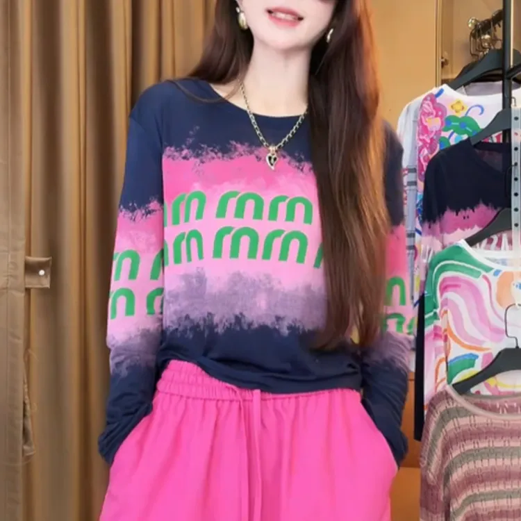 韩版设计感晕染印花长袖防晒T恤女秋2025新款小个子修身显瘦上衣