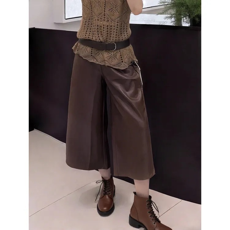 美拉德风高级感pu皮高腰八分休闲裤女秋冬季设计感宽松阔腿裤子潮