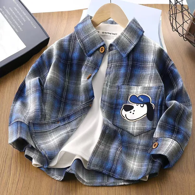 男童衬衫春秋季新款中大童衬衫外套洋气女孩宝宝韩版宽松格子衬衣