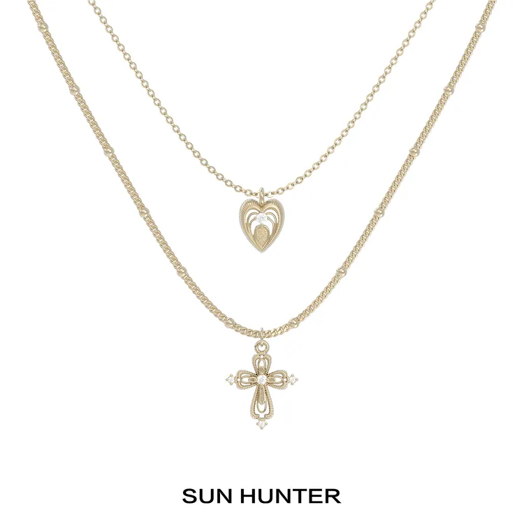 铜合金项链 三横SUN HUNTER「蕾丝微光」原创爱心十字架项链