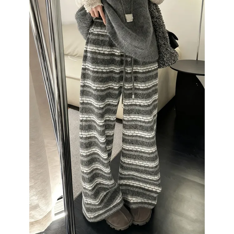 韩国东大门秋季新款复古风垂感休闲百搭显瘦条纹抽绳针织阔腿长裤