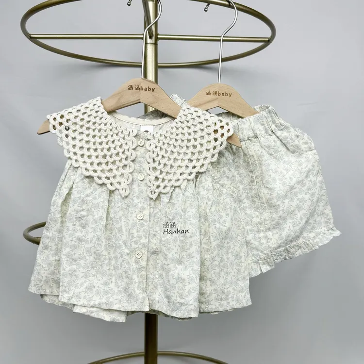 休闲风韩版女夏季常规碎花套装女童碎花娃娃领女宝夏款