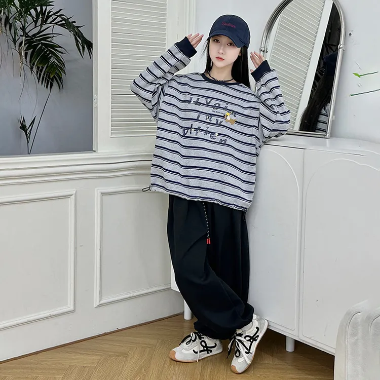 加绒套头男女通用休闲风甜美条纹卫衣童装中大童休闲秋冬季加绒