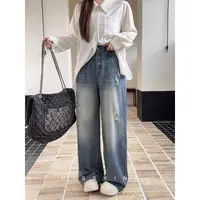 应小姐【拉夫假日】微胖大码秋季休闲显瘦百搭韩版宽松直筒牛仔裤