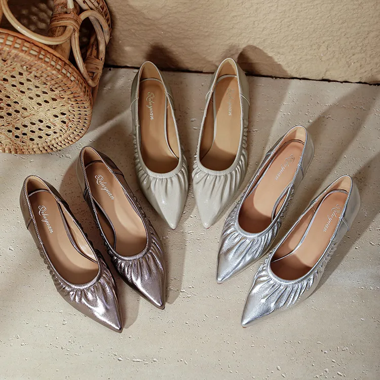 银色细跟单鞋软皮褶皱通勤工作鞋尖头跟鞋2025新款春秋女鞋838-21