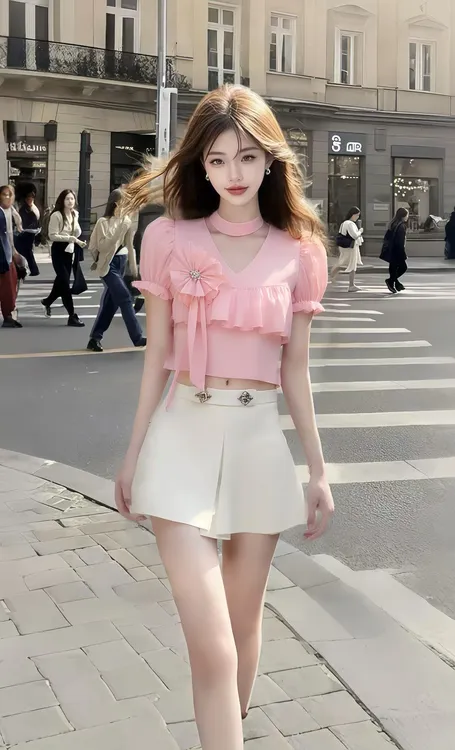 夏季新款粉色纯欲V领短袖上衣+白色显瘦百搭半身裙两件套女高级感