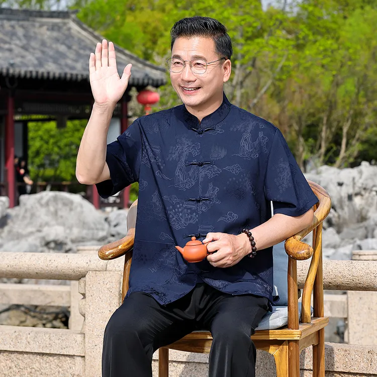 唐装男爸爸男士夏装冰丝短袖中国风衬衫夏季休闲爷爷套装汉服