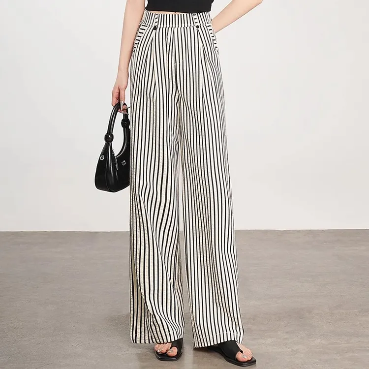 时尚条纹拖地休闲裤女2025夏季新款薄款显瘦垂感阔腿裤直筒长裤子