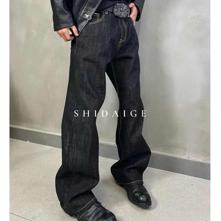 SDG-15盎司窄幅赤耳脱浆原牛A字baggy版型牛仔裤休闲黑色