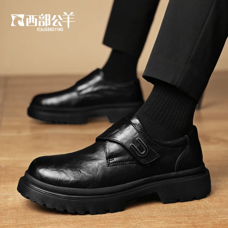 西部公羊秋季爆款内增高5cm男鞋一脚蹬休闲商务低帮男士时尚皮鞋