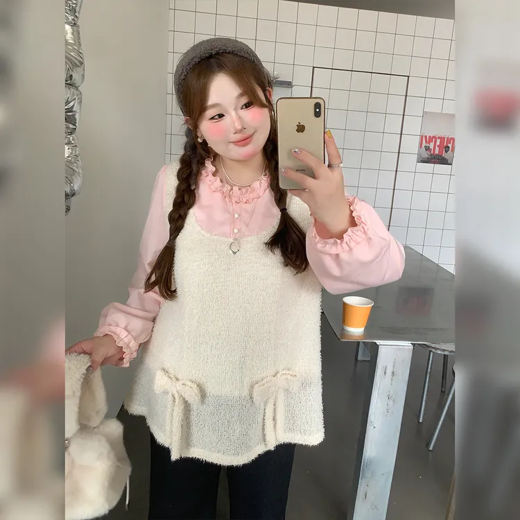 徐达布【兹衫诗呼】针织衫女新款粉拼杏色长袖上衣Z37934C53