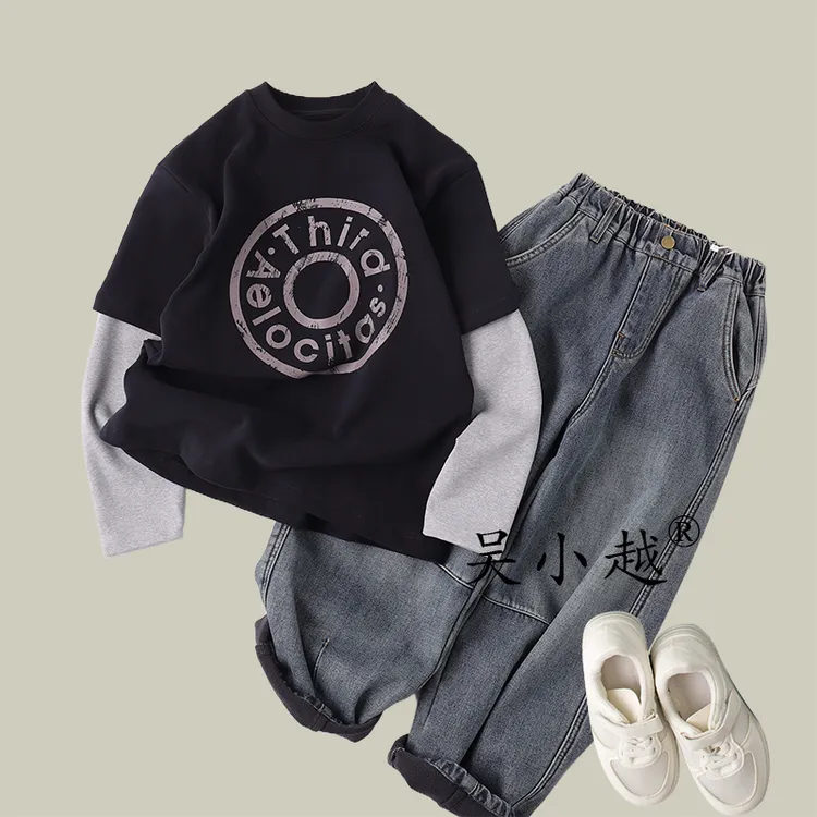 吴小越w1744男童打底衫秋款韩版拼接假两件数码印花云朵绒t恤