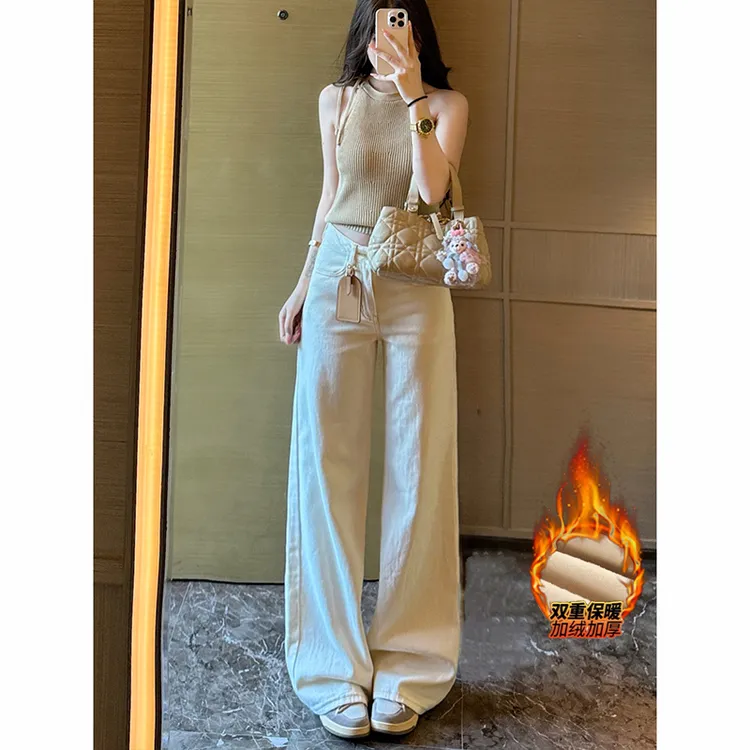 加绒低腰不贴腿阔腿牛仔裤女2025冬季新款慵懒风显瘦细垂感拖地裤
