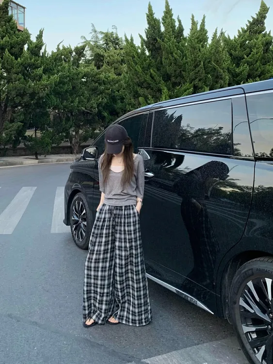 JIAHUI休闲时尚套装女早秋2025新款韩系穿搭上衣格子阔腿裤两件套