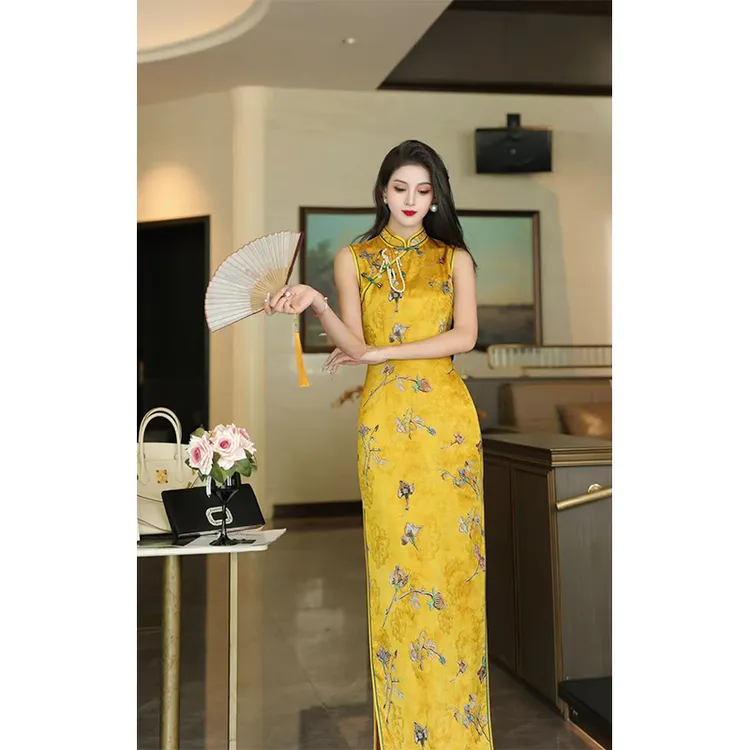 尤克菲儿 原创轻奢人丝提花修身显瘦气质温柔优雅无袖旗袍