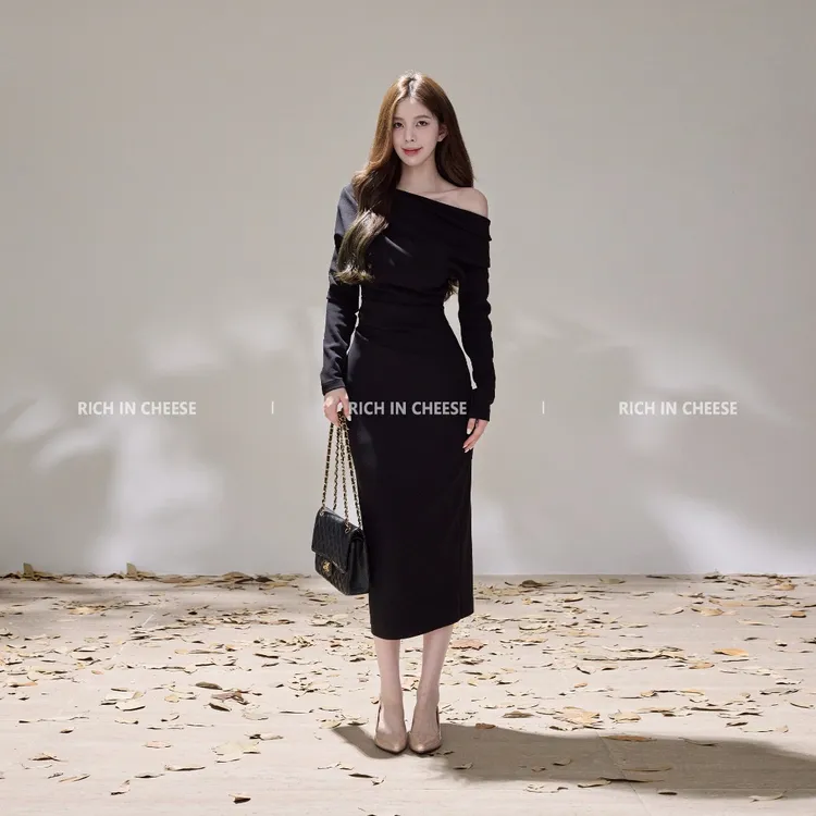 舒胡蕾 优雅月光【长袖版】秋冬一裙三穿高定弹力收腰抽褶连衣裙