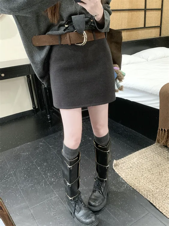 【配皮带】2025新款毛呢半身裙女新款秋冬高腰辣妹a字一步包臀短裙